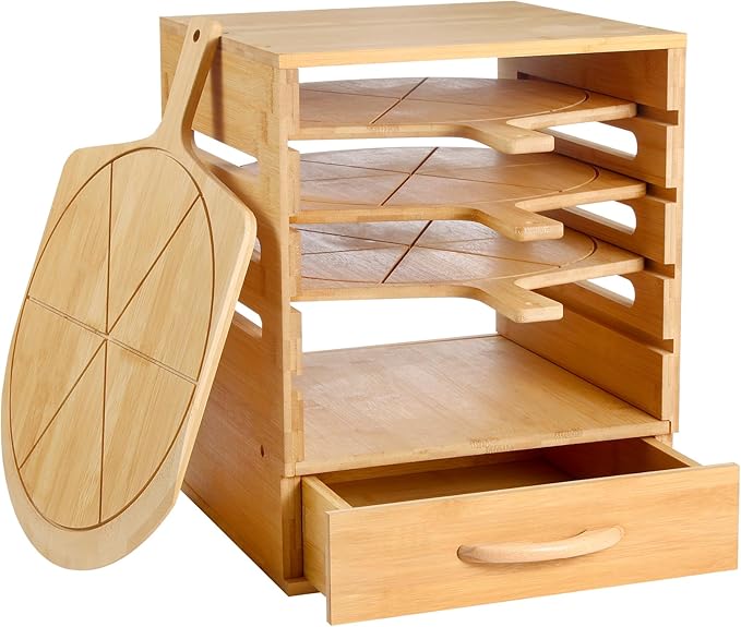 Wood Pizza Peel Rack with Spice Drawer,Includes 4 x 12 Inch Non-Stick Bamboo Pizza Boards with 6 Slice Grooves,Real Wood Pizza Paddle Stand for Making Pizza or Bread Pie