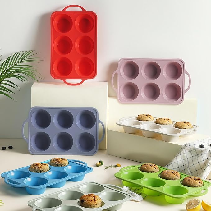 2 Packs 6 Cups Silicone Muffin Pan with Metal Reinforced Frame Jumbo Size Cupcake Pan Tray Egg Bites Silicone Molds Muffin Tin Tart Pans Bundt Pan Reposteria Accesorios Moldes Para Pasteles
