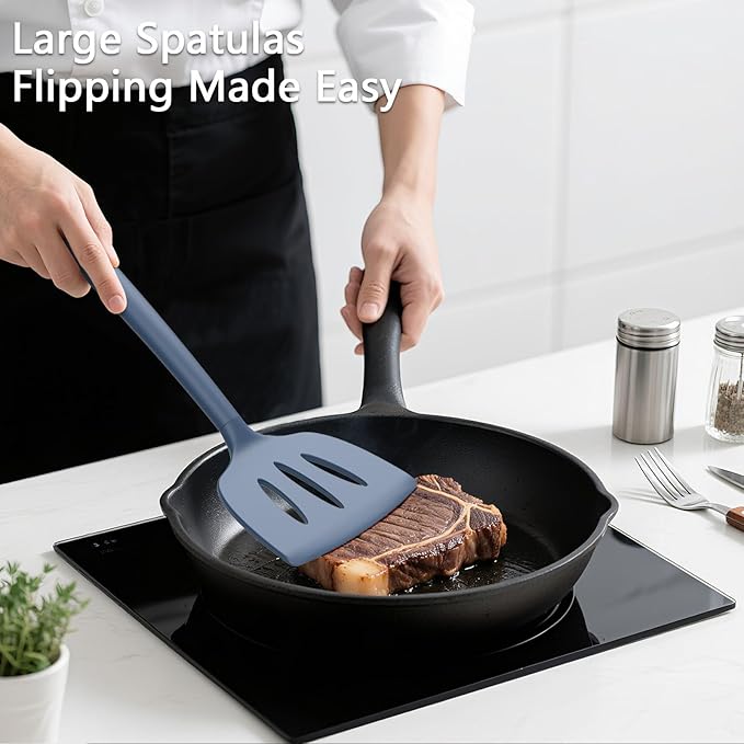 Coukre 3 Pack Silicone Spatula Set, High Heat Resistant, BPA-Free, Fish Spatula, Solid & Slotted Turner for Non-Stick Pans, Flipping Eggs, Pancakes, Fish, Burgers (3, PureDarkBlue)