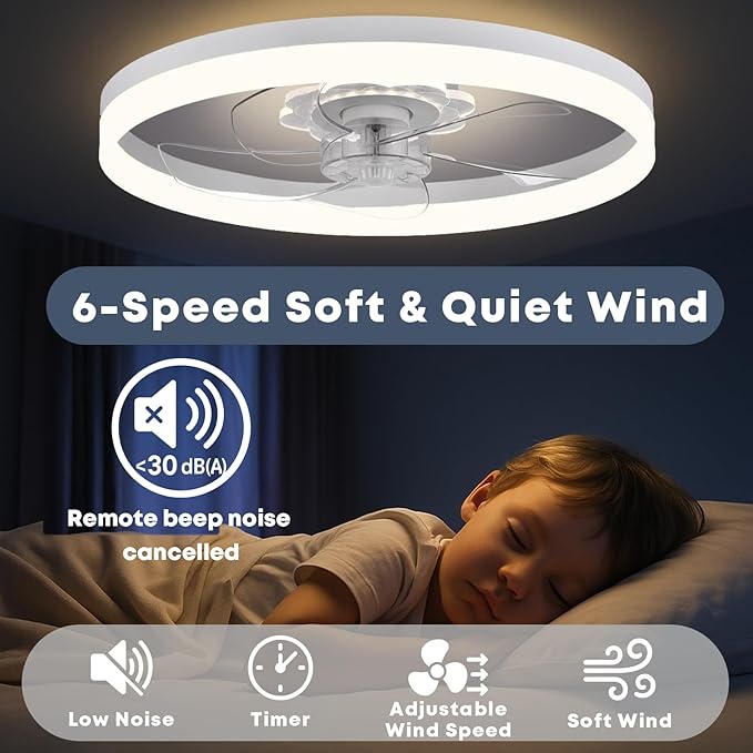 23.6'' Ceiling Fan with Light, Upgraded Low Profile Fan, Flush Mount Ceiling Fan, 6 Speeds, Dimmable LED, App & Remote Control, Quiet DC Motor, for Bedroom, Living Room, F115 White