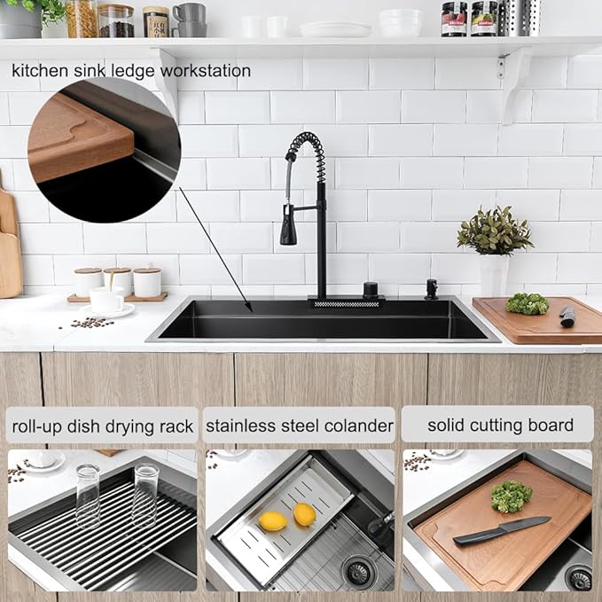 Black Kitchen Sink with Waterfall Faucet Combo, 33x22 Drop in Kitchen Sink with Faucet Stainless Steel 16 Gauge Single Bowl Modern Ledge Workstation