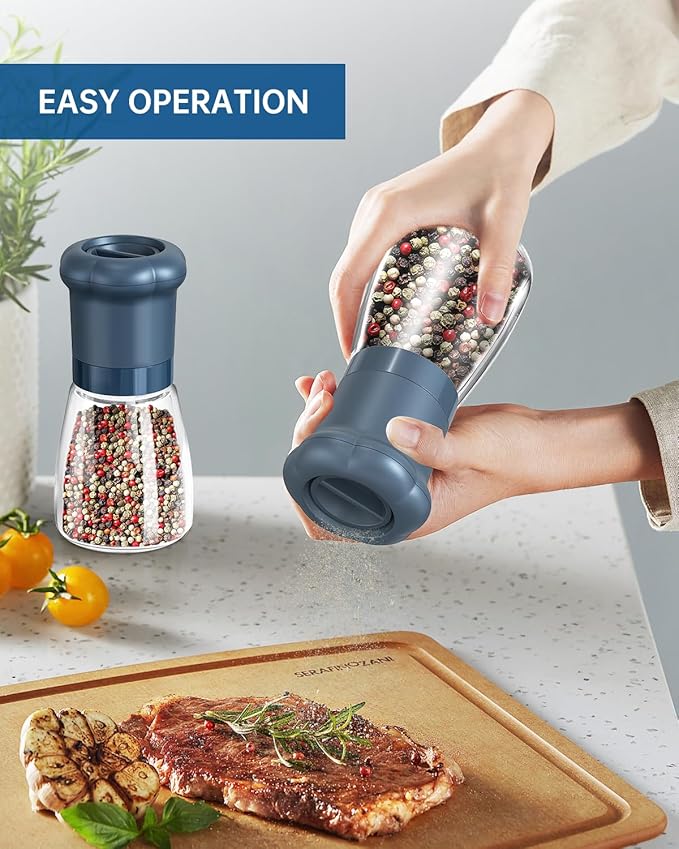 CIRCLE JOY Manual Salt and Pepper Grinder Set For Professional Chef, Refillable Salt and Pepper Shakers with Ceramic Blades, Adjustable Coarseness and BPA-free 180ml Glass Container, Short Blue