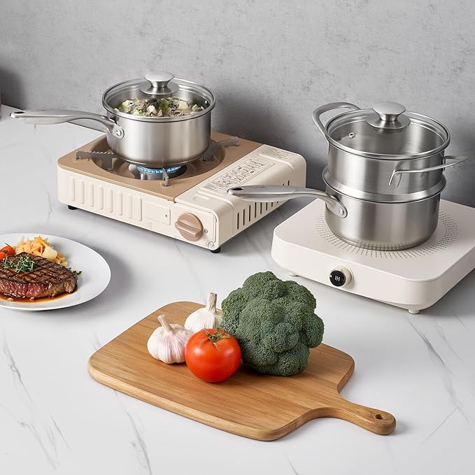 VEVOR 1.5 QT Saucepan with Steamer, Stainless Steel Saucepan with Glass Lid, Multipurpose Nonstick Stainless Steel Sauce Pot with Ergonomic Handle, Friendly for Oven, Dishwasher, Induction Cooker