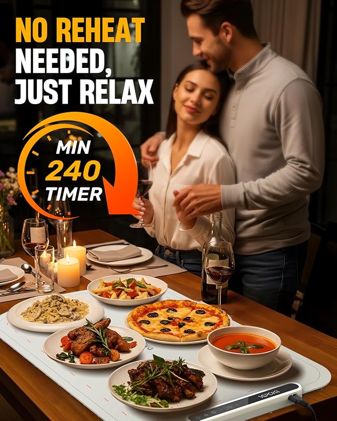 Warming Mat for Food, VEPOKA Food Warmer Mat for Countertop, Electric Warming Tray with 7 Temp Levels & Auto Shut-Off, Food Warmers for Parties, Ideal Gift for Kitchen & Buffet Use