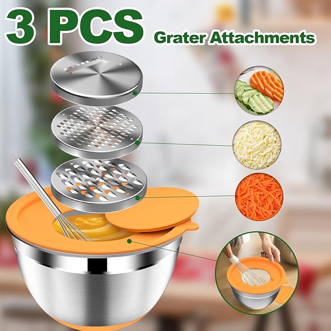 Mixing Bowls with Lids Set - 16pcs Stainless Steel Mixing Bowl Set with Colander, 3 Grater Attachments, Non-Slip Bottom, Metal Nesting Bowls with Strainer for Mixing & Serving - Multicolor