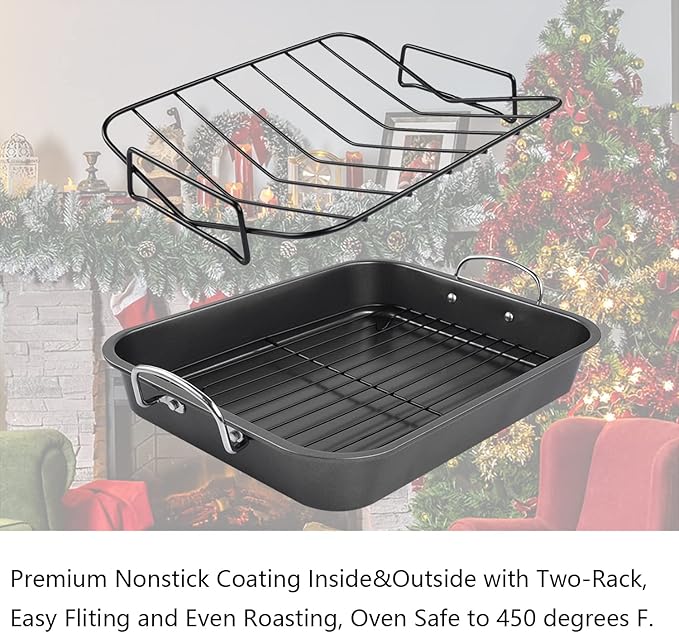 Kitcom Nonstick Roasting Pan with Rack, 16 Inch x 11.5 Inch Rectangular Roaster Set for Roasting Turkey, Chicken, Meat and Veggies, Gray