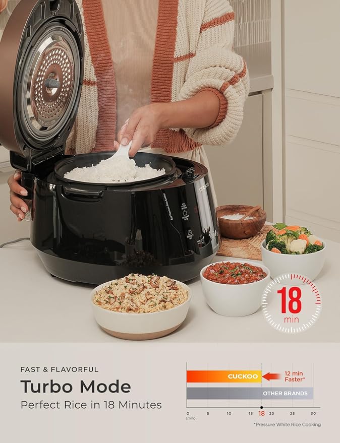 CUCKOO High Pressure Rice Cooker 10-Cup Uncooked / 20-Cup Cooked with Nonstick Inner Pot, Large Rice Maker with 13 Menu Options and Steam Plate, Fuzzy Logic Tech, Voice Guide, Black (CRP-P1009SB)
