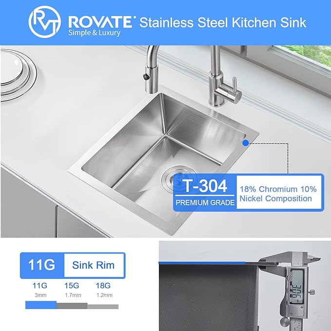 Bar Sink, ROVATE 13 x 15 inch Undermount Bar or Kitchen Sink, Handmade Single Bowl T-304 Stainless Steel Small Wet Bar Sinks