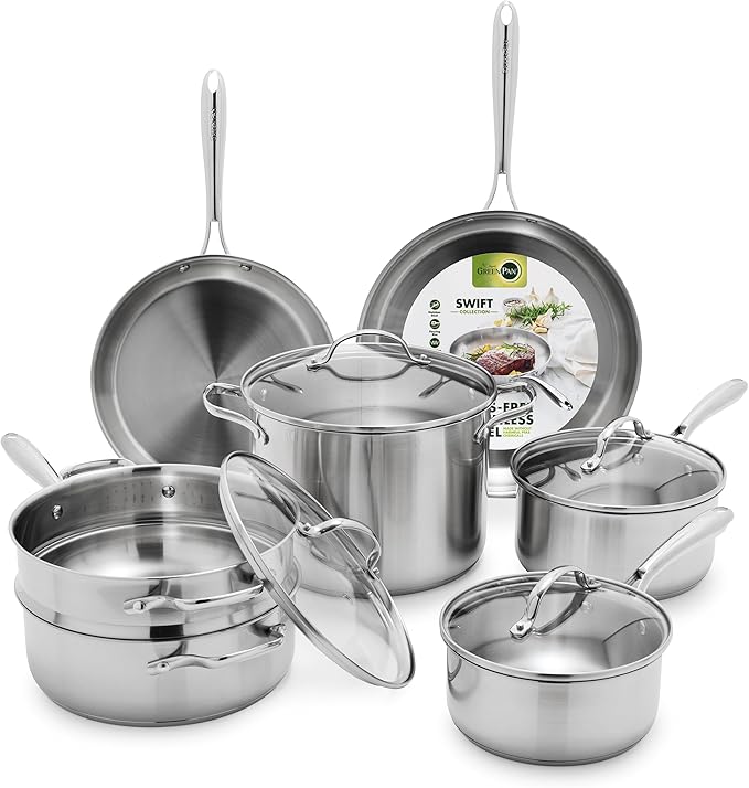 GreenPan11 Piece Stainless Steel Cookware Set, Induction Ready, Measurement Markings, Dishwasher & Oven Safe 600F, Pots & Pans, Sauce, Saute, Frying Pans, Silver
