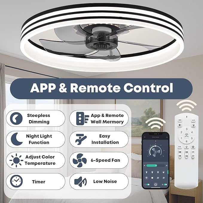 20‘’ Ceiling Fan with Light, Upgraded Low Profile Fan, Flush Mount Ceiling Fan, 6 Speeds, Dimmable LED, App & Remote Control, Quiet DC Motor, for Bedroom, Living Room, F118 Black