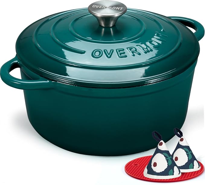 Overmont Enameled Cast Iron Dutch Oven - 4.5QT Pot with Lid Cookbook & Cotton Potholders - Heavy-Duty Cookware for Braising, Stews, Roasting, Bread Baking bottle green
