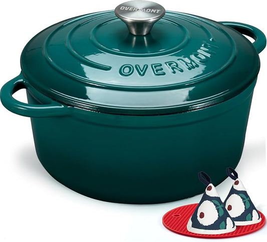 Overmont Enameled Cast Iron Dutch Oven - 4.5QT Pot with Lid Cookbook & Cotton Potholders - Heavy-Duty Cookware for Braising, Stews, Roasting, Bread Baking bottle green