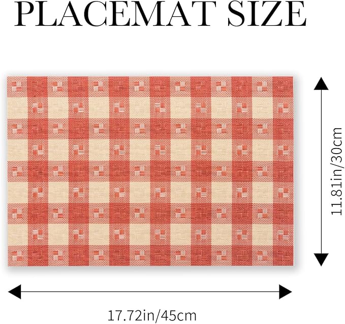 BACKTOEDEN Placemats Set of 8 Heat Resistant Washable Wipeable Placemat Woven Non-Slip Foldable Vinyl/Plastic Place Mats Indoor/Outdoor Mat Kitchen Dining Table Pad, Red Checkered