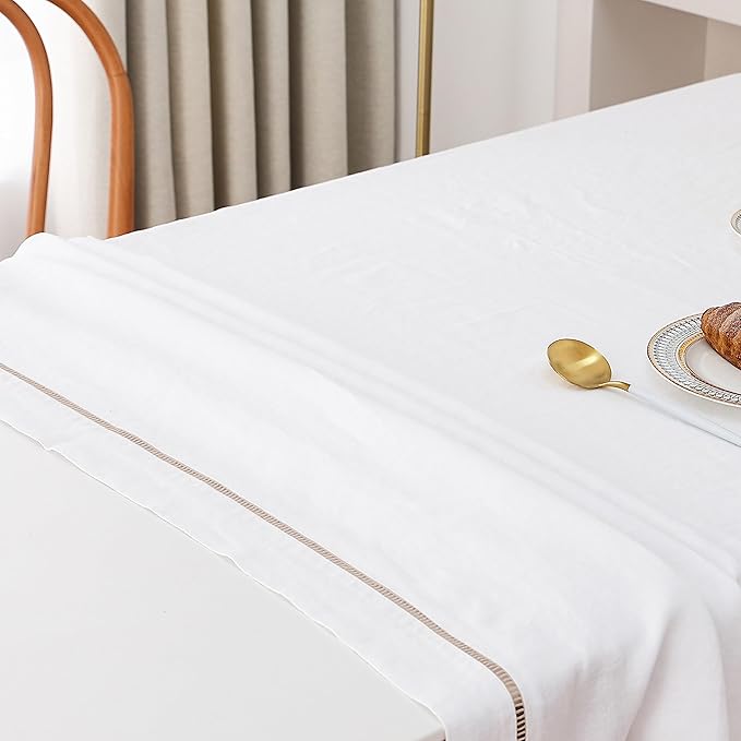 Linen World Hemstitch Linen Tablecloth,100% Natural French Flax,60x108Inch Handcrafted White-Natural Linen Table Cloth,Tabletop,Table Cloths for Kitchen,Dining,Daily Use(White-Natural)