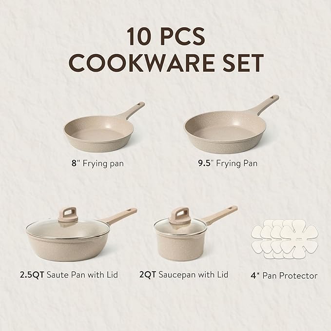 CAROTE Pots and Pans Set Nonstick, Cookware Set Non Stick, Induction Cookware Sets, Kitchen Cooking Set with Stay-Cool Handles, 10 Piece