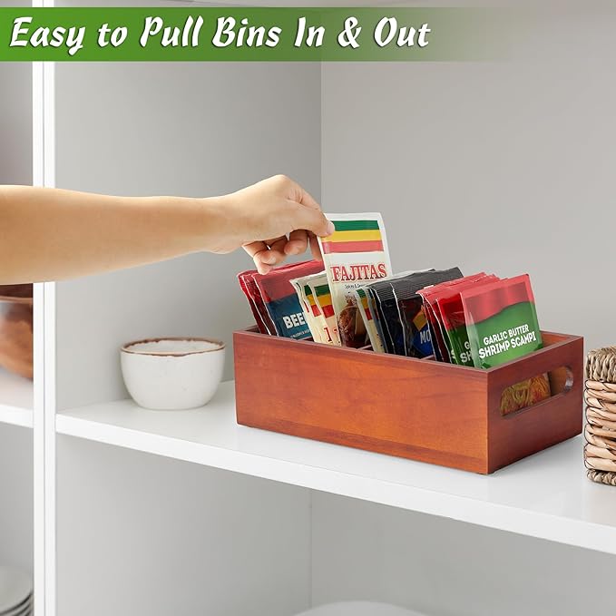 DRASTAR Seasoning Packet Organizer, Wood Kitchen Pantry Organizers and Storage Bin, Sauce Packet Organizer, Snack & Spice Organization for Cabinet, Brown