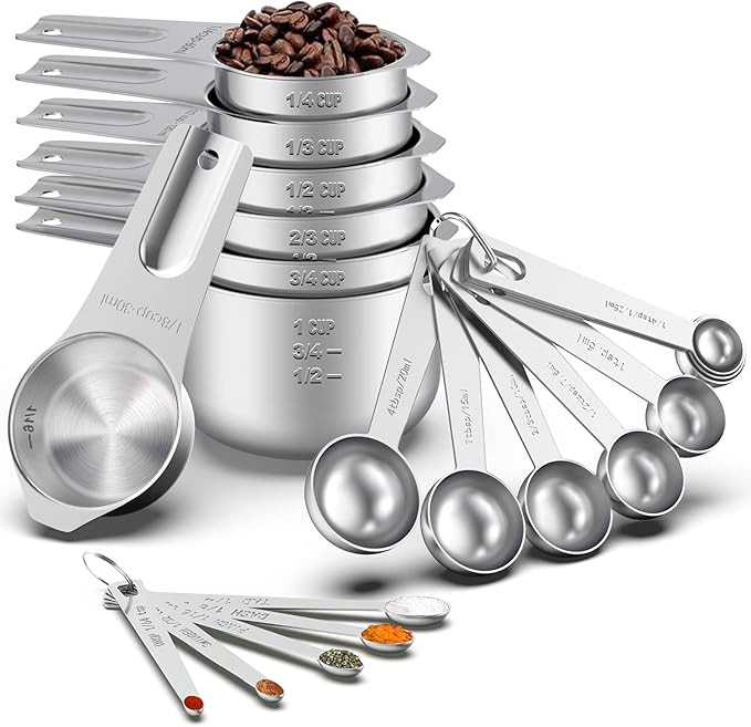 21 Pcs Stainless Steel Measuring Cups and Spoons Set, Wildone Stackable Metal Measuring Cups and Spoons for Cooking & Baking, Includes 7 Cups, 9 Spoons and 5 Mini Spoons