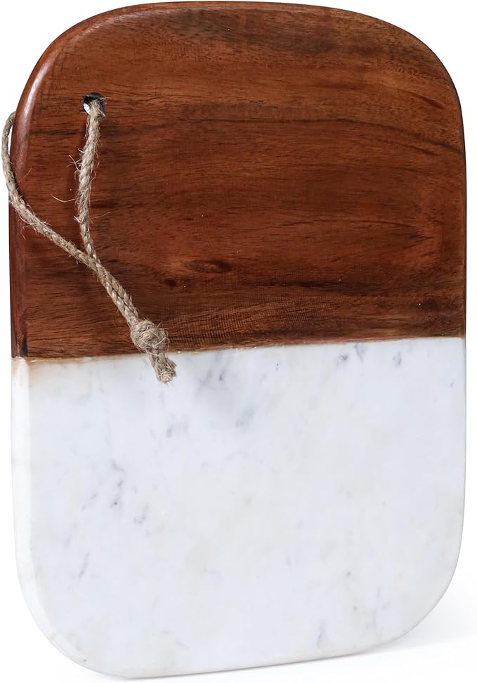 Marble & Acacia Wood Cutting Board – 12.25x9.25" White Charcuterie, Cheese & Serving Tray for Bread, Steak, Fruit – Elegant Solid Chopping Board for Kitchen & Parties