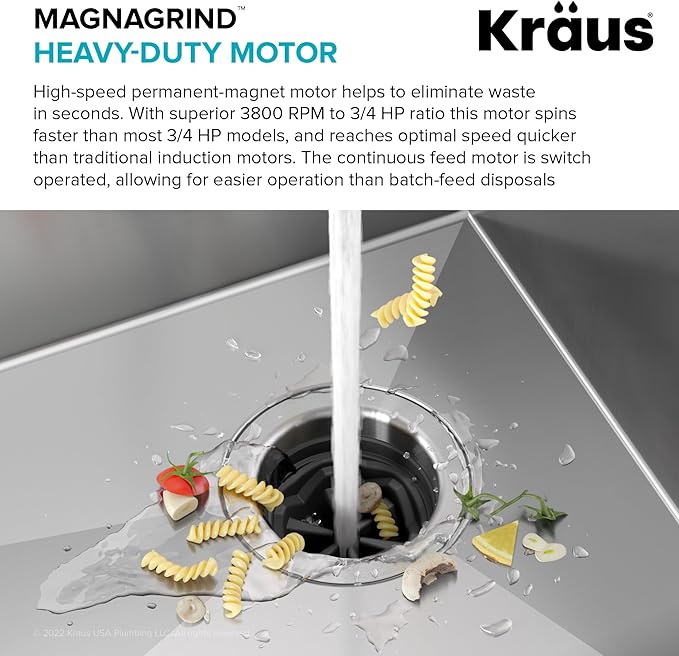 KRAUS WasteGuard High-Speed 3/4 HP Continuous Feed Ultra-Quiet Motor Garbage Disposal with Power Cord and Flange Included and Universal Mount, KWD210-75MGR