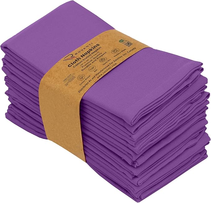 Ruvanti Cloth Napkins Set of 12, 18x18 Inches Napkins Cloth Washable, Soft, Durable, Absorbent, Cotton Blend. Table Dinner Napkins Cloth for Hotel, Lunch, Restaurant, Wedding Events, Parties - Purple