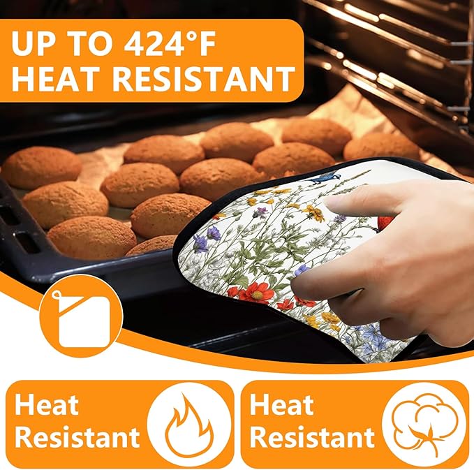Wildflowers Birds Oven Mitts and Pot Holders Sets 4Pcs,Extra Long Oven Gloves Potholder for Kitchen Cooking Baking BBQ 100% Cotton Heat Resistant