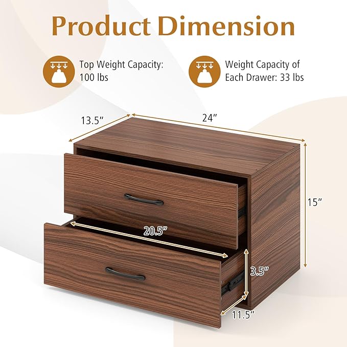 Giantex Stackable 2-Drawer Dressers for Bedroom - Short Dresser Two Drawer Storage Cabinet w/Handles & Anti-Topping Device, Small Dresser Chest of 2 Drawers for Closet Bedroom (1, Walnut)