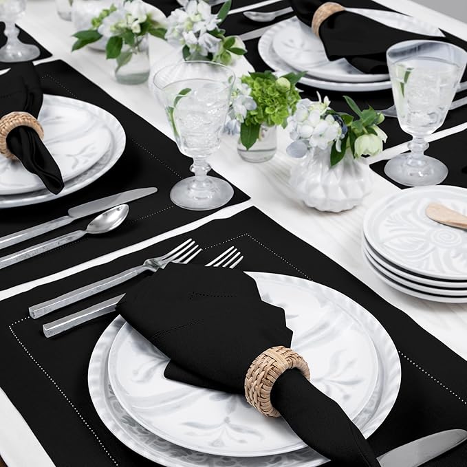 Solino Home Linen Placemats Set of 4 - Classic Hemstitch Black Placemats 14 x 19 Inch - 100% Pure Linen Table Mats for Fall, Autumn, Winter, Thanksgiving, Holiday, Christmas