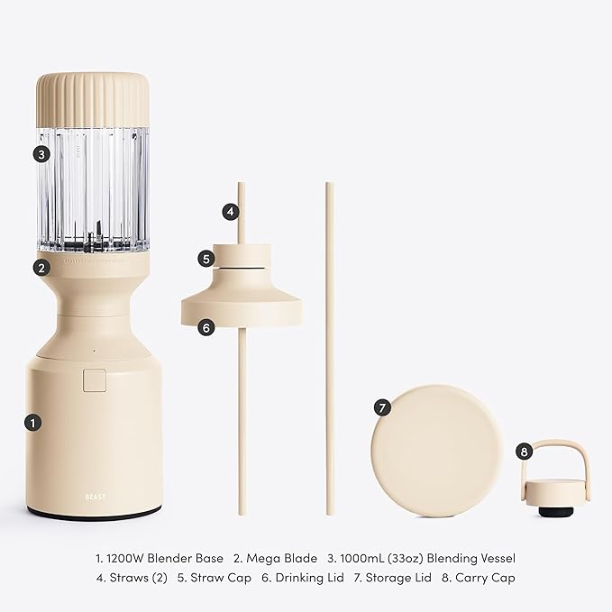 Beast Mega 1200 | Premium Countertop Blender | Smoothies, Shakes, Sauces, Dips, Soups | Blends Ice and Frozen Fruit | Includes Extra Lids and Straw System | 1200W | (Sand, 120V)