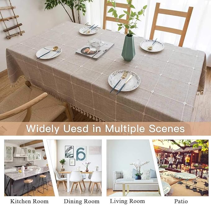 Deep Dream Tablecloths, Embroidered Waterproof Table Cloth Cotton Linen Wrinkle Free Anti-Fading Table Cover Decoration for Kitchen Dinning Party Christmas, 55 x 120 Inch - Light Brown