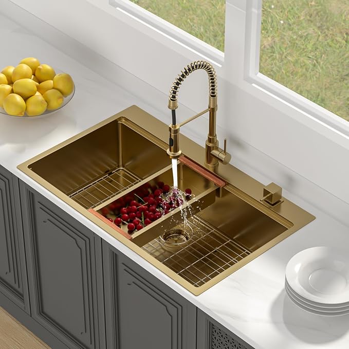 Lordear 36 Inch Gold Kitchen Sink Drop In Workstation Brushed Gold Stainless Steel 16 Gauge Single Bowl Handmade Topmount Kitchen Sink with Cutting Board