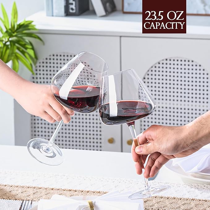 23.5OZ Crystal Wine Glasses Set of 4 for Pinot Noir, Burgundy, Bordeaux, Large Lead-Free Crystal Glasses with Unique Bottom Design