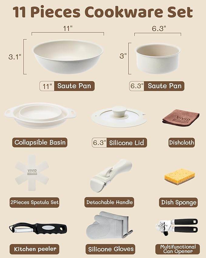 11Pcs Non Stick Pots and Pans Set | Ceramic Cookware Set with Detachable Handle | PFAS-Free, Oven & Induction Safe (White)