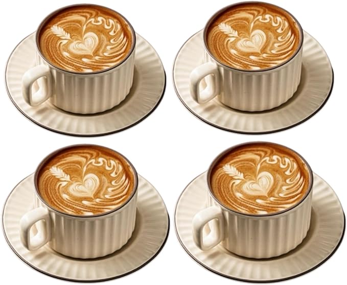 Cappuccino Cups with Saucers, 8 oz Ceramic Vertical Stripe Coffee Cup and Saucer set for Au Lait, Double shot, Latte, Cafe Mocha, Set of 4