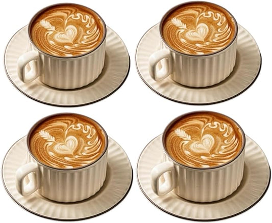 Cappuccino Cups with Saucers, 8 oz Ceramic Vertical Stripe Coffee Cup and Saucer set for Au Lait, Double shot, Latte, Cafe Mocha, Set of 4