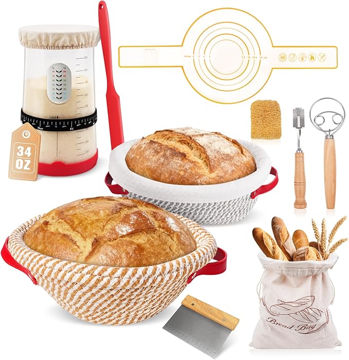 Sourdough Starter Kit - Round & Oval Cotton Rope Banneton Bread Proofing Basket Set, 34oz Sourdough Starter Jar & Bread Making Tools Kit, Sourdough Bread Baking Supplies, Red