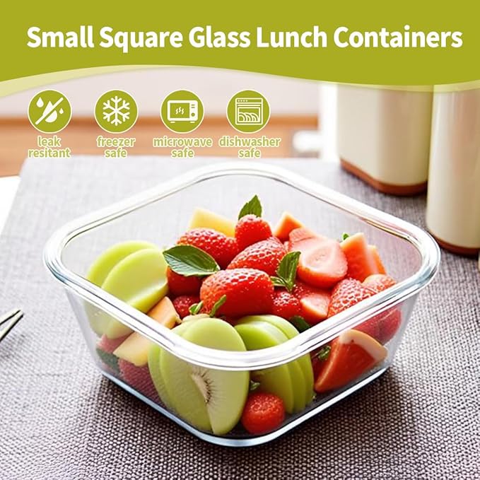 16PC Square Glass Storage Containers With Lids, 2 Cup Square Glass Food Containers With Lids, BPA free Small Meal Prep Bowls for leftovers, Dishwasher, Freezer Safe (8 lids & 8 Containers)