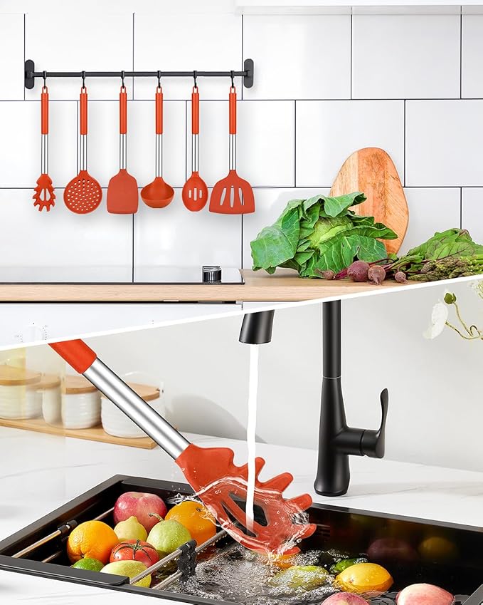 Silicone Cooking Utensil Set, 8Pcs Non-stick Cookware with Stainless Steel Handle, BPA Free Heat Resistant Kitchen Tools with Spatulas, Turners, Spoons, Skimmer and Pasta Fork (RED)