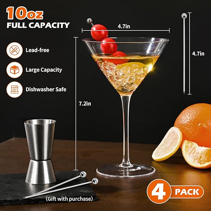 10oz Large Martini Glasses Set of 4,Classic Crystal Cocktail Glasses,Hand Blown Martini Glass for Espresso Martini, Cosmopolitan, Manhattan, Home Bar Gift Set