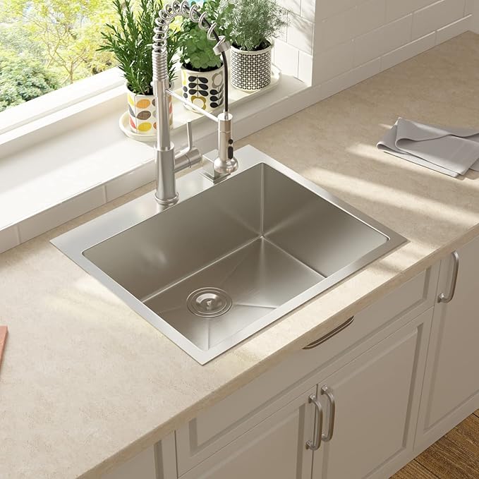 Lordear 25 Drop In Kitchen Sinks - 25 x 22 Single Bowl Stainless Steel 16 Gauge Topmount Over Counter Handmade Kitchen Laundry Room Utility Sink Basin