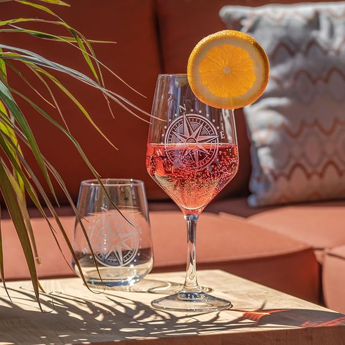 Rolf Glass Compass Star All Purpose Wine Glass | 19.5oz Stemmed Wine Glass | Lead-Free Crystal Glassware | Nautical-Themed with Intricate Compass Star Design | Set of 2