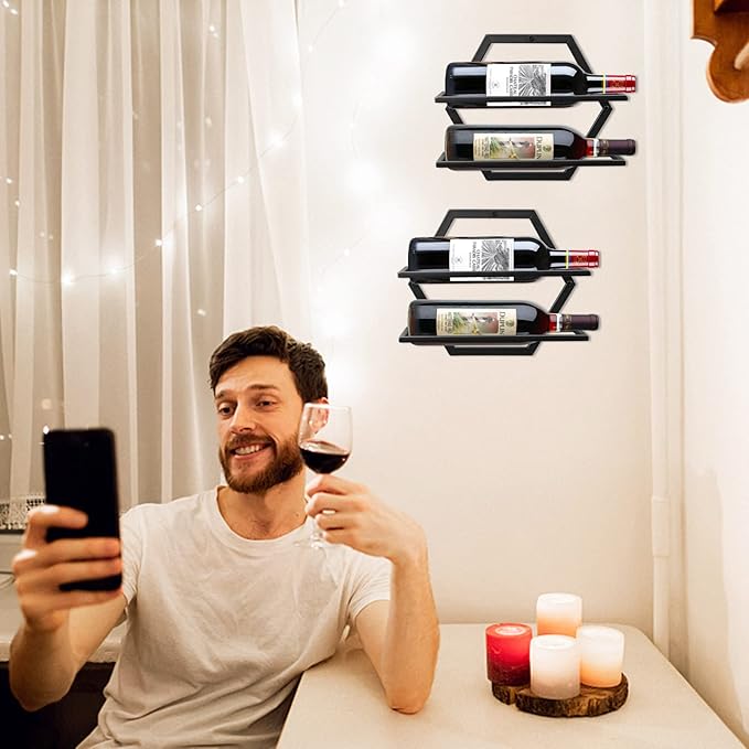 2Pcs Wall Mounted Wine Bottle Rack, Metal Hanging Wine Display Holder Organizer, Red Wine Racks for Home Kitchen Bar Decor Storage(Black) (B2)