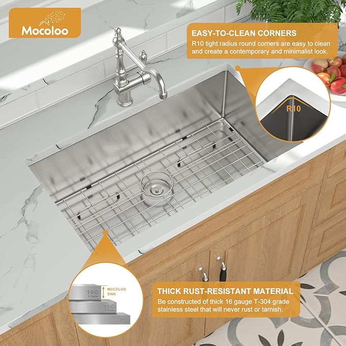 Mocoloo 33 Undermount Kitchen Sink - 33 x 19 Inch Kitchen Sink Undermount Stainless Steel 16 Gauge Single Bowl Under Counter Handmade with Offset Drain, 10'' Deep Basin