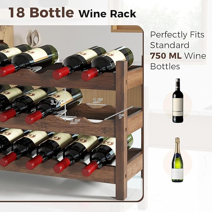 COSTWAY 3-Tier Bamboo Wine Rack, 18-Bottle Tabletop Wine Holder with Wave Slot, Freestanding Countertop Wine Bottle Organizer for Kitchen, Pantry, Pub & Wine Cellar, Brown