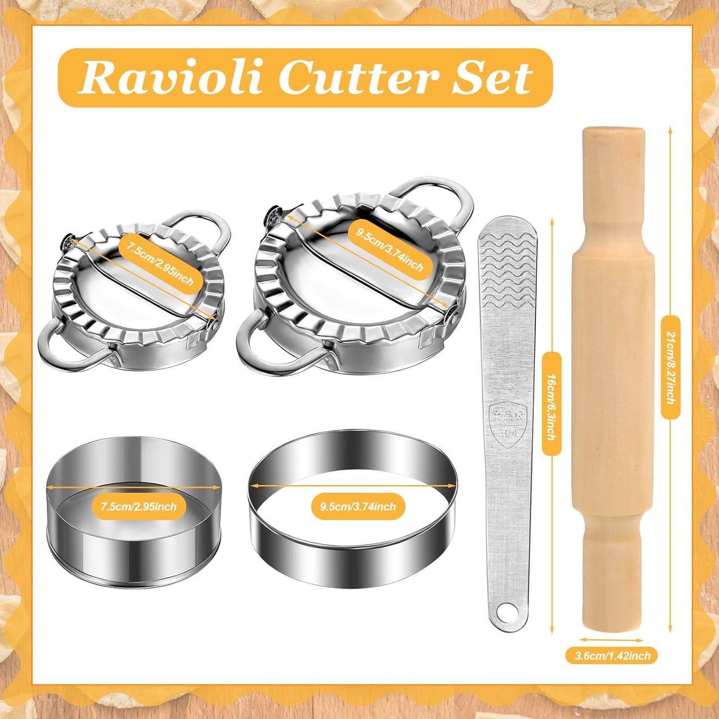 Baderke 12Pcs Pasta Maker Tools Ravioli Making Kit Include 5 Ravioli Stamp Maker Cutter with Roller Wheel 1 Wooden Rolling Pin 1 Press Mold 5 Stainless Steel Dumpling Molds for Kitchen Homemade Kit