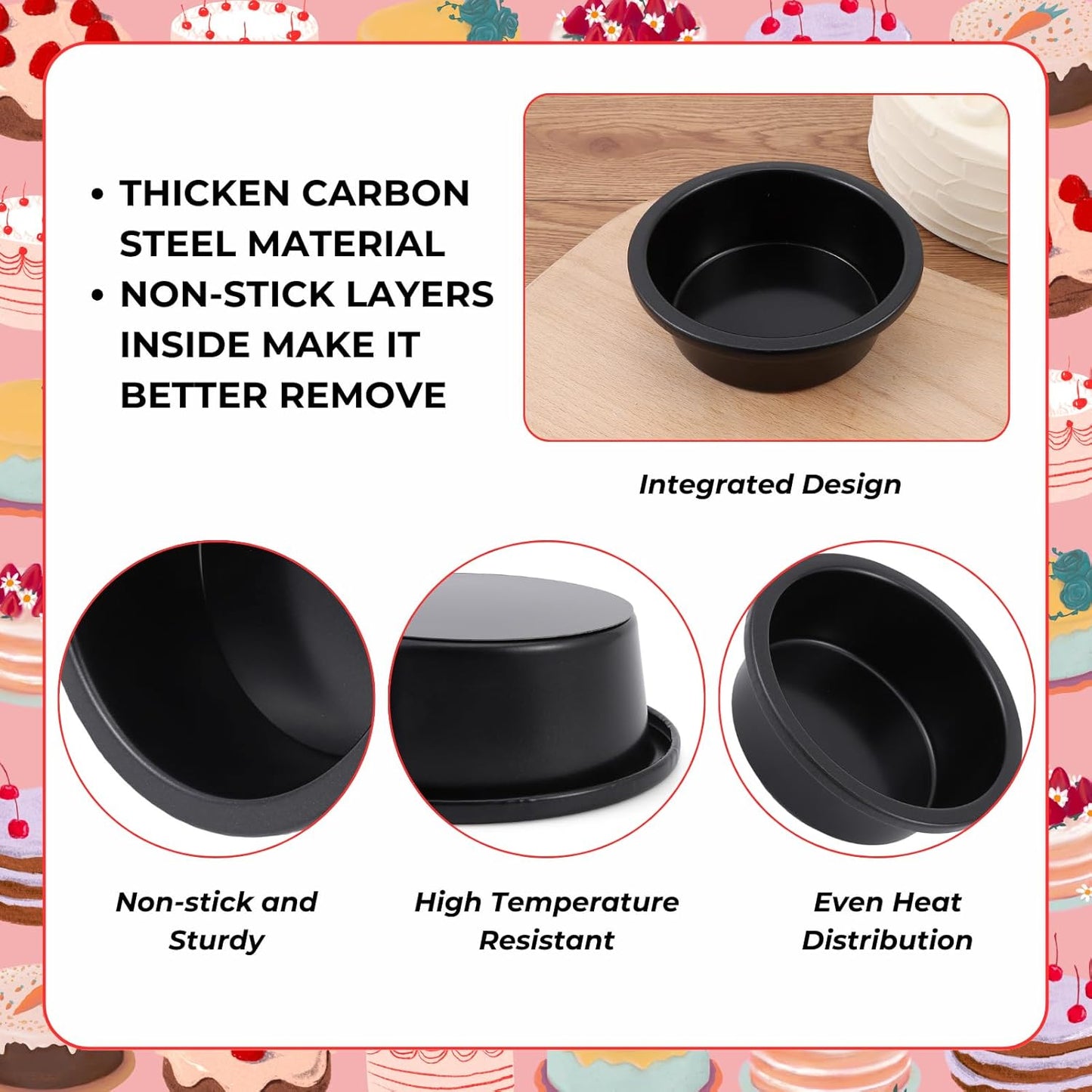 beyonday 4pcs Round Cake Pan with Removable Bottom, 4 inch Carbon Steel Cake Trays for Mini Bread Muffin Cupcake Hamburger, Non-stick Basque Cheesecake Baking Mold for Birthday Party Anniversary