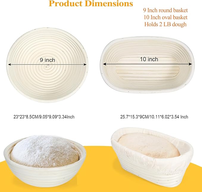9 & 10 Inch Banneton Bread Proofing Basket Set with Liners,Dough Scraper,Bread Lame & Danish Whisk - Oval and Round Sourdough Baking Kit for Professional & Home Use