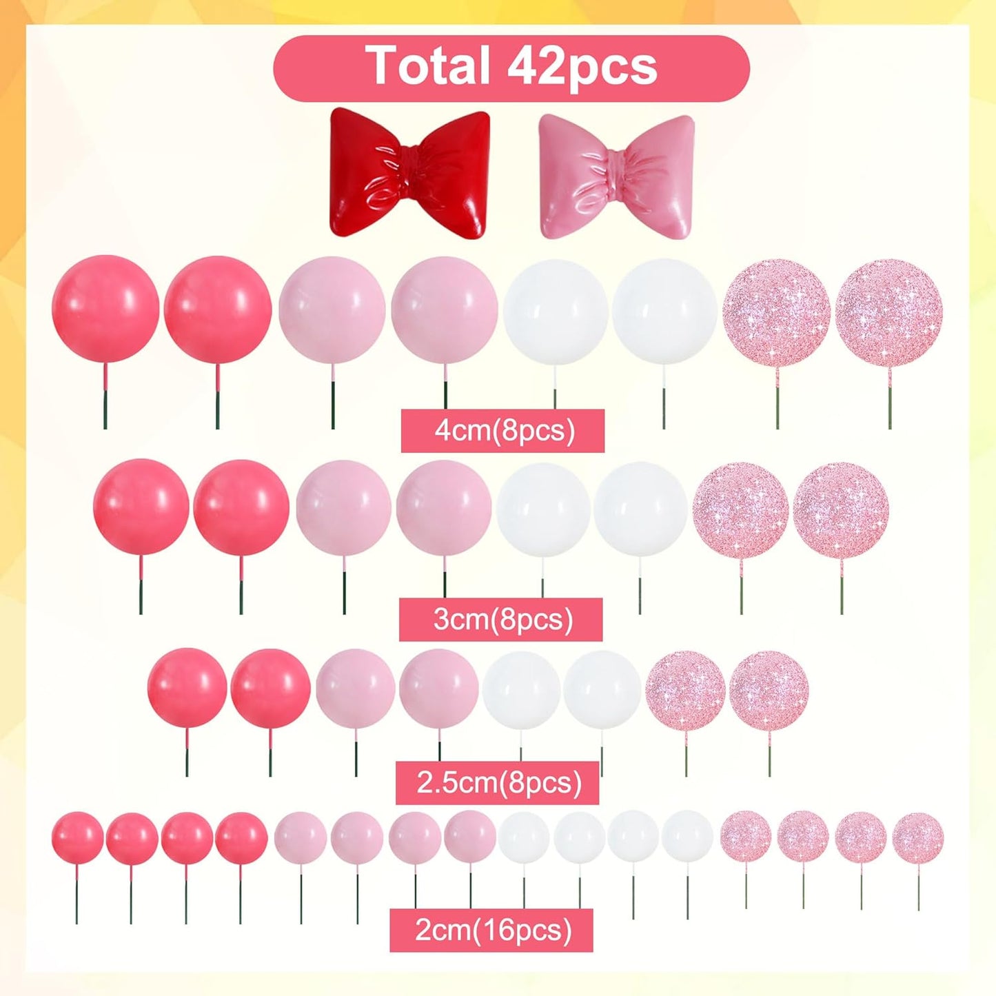BEISHIDA 42 pcs Foam Ball Cake Toppers with Sticks Includes 2 Bow Cake Decor Perfect for Birthday Party Pink&White Theme Party Decor Wedding Anniversary Celebration(Pink, White)