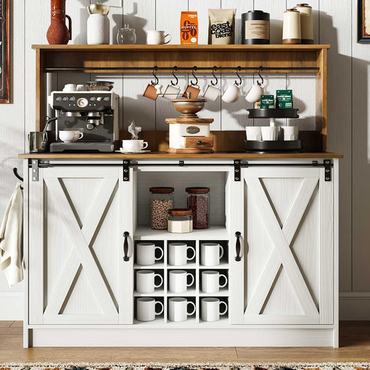 4ever2buy Farmhouse Coffee Bar Cabinet with Hutch, 47 Inch Buffet Cabinet with Storage, White Wine Bar with 9 Wine Racks and 6 Hooks, Coffee Bar Table with Adjustable Shelves for Living Dining Room