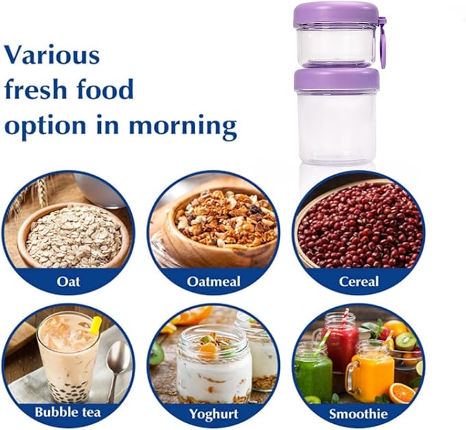 Container Food Overnight Oats Containers with Lids, Folding Spoons 26 oz Plastic Mason Jars Containers with Lids Portable Cereal and Milk Container on The Go (purple Oatmeal Cup)