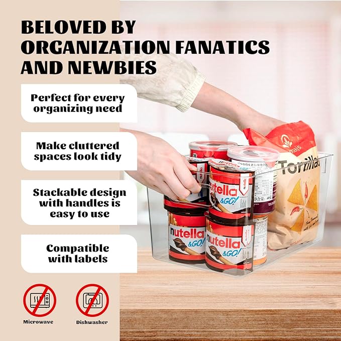 Clear Plastic Storage Bins-6 Pack Large Pantry Organizers and Storage Containers for Kitchen, Bathroom, Under-Sink, Office, Closet, Garage, Freezer and Snack